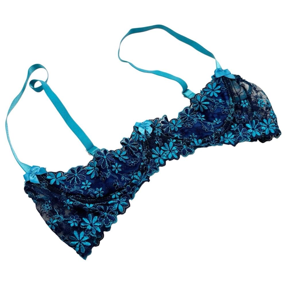 Shirley Of Hollywood Blue Lace Floral Demi Shelf Bra Size Large